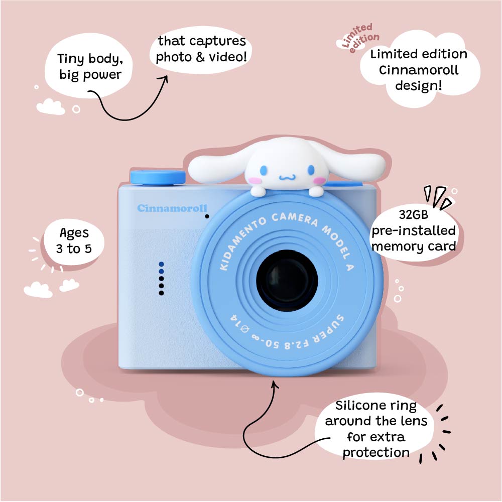 Front view of Kidamento Model A Cinnamoroll kids' digital camera with labeled features including 32GB memory, silicone ring for lens protection, and limited-edition design.