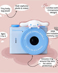 Front view of Kidamento Model A Cinnamoroll kids' digital camera with labeled features including 32GB memory, silicone ring for lens protection, and limited-edition design.