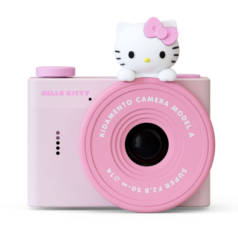 Front view of Kidamento Hello Kitty Model A digital camera for kids aged 3–6, featuring a compact pink body and Hello Kitty figurine on the lens