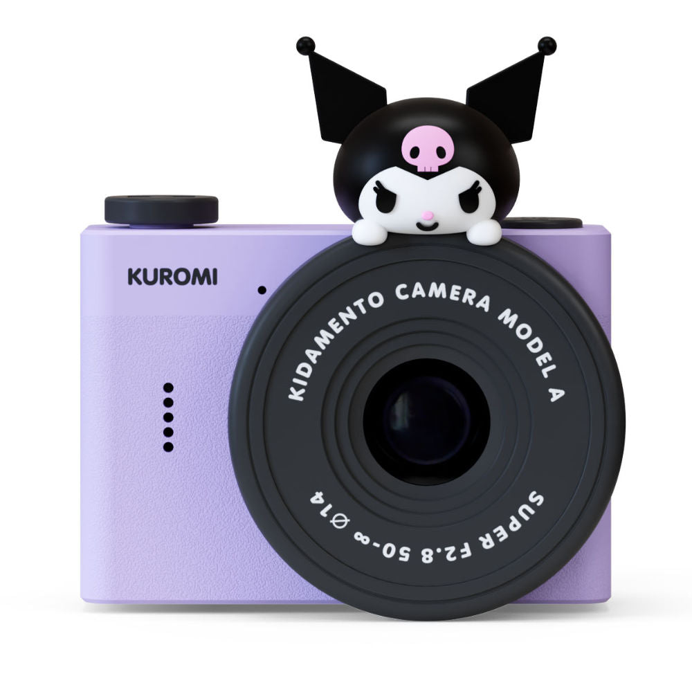 Front view of the Kidamento Model A Kuromi camera, featuring a playful Kuromi figure on top of the black lens, set against a clean white background