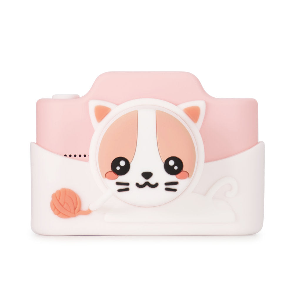 Front-facing view of the Meowie the Cat camera with soft pink silicone shell