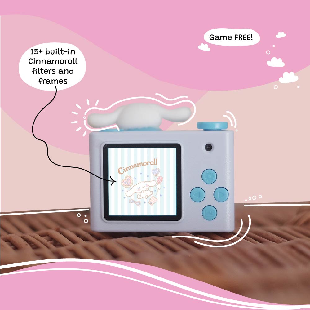 Kidamento Model P Cinnamoroll kids digital camera back view, showing LCD screen with Cinnamoroll filters and frames, game-free design.