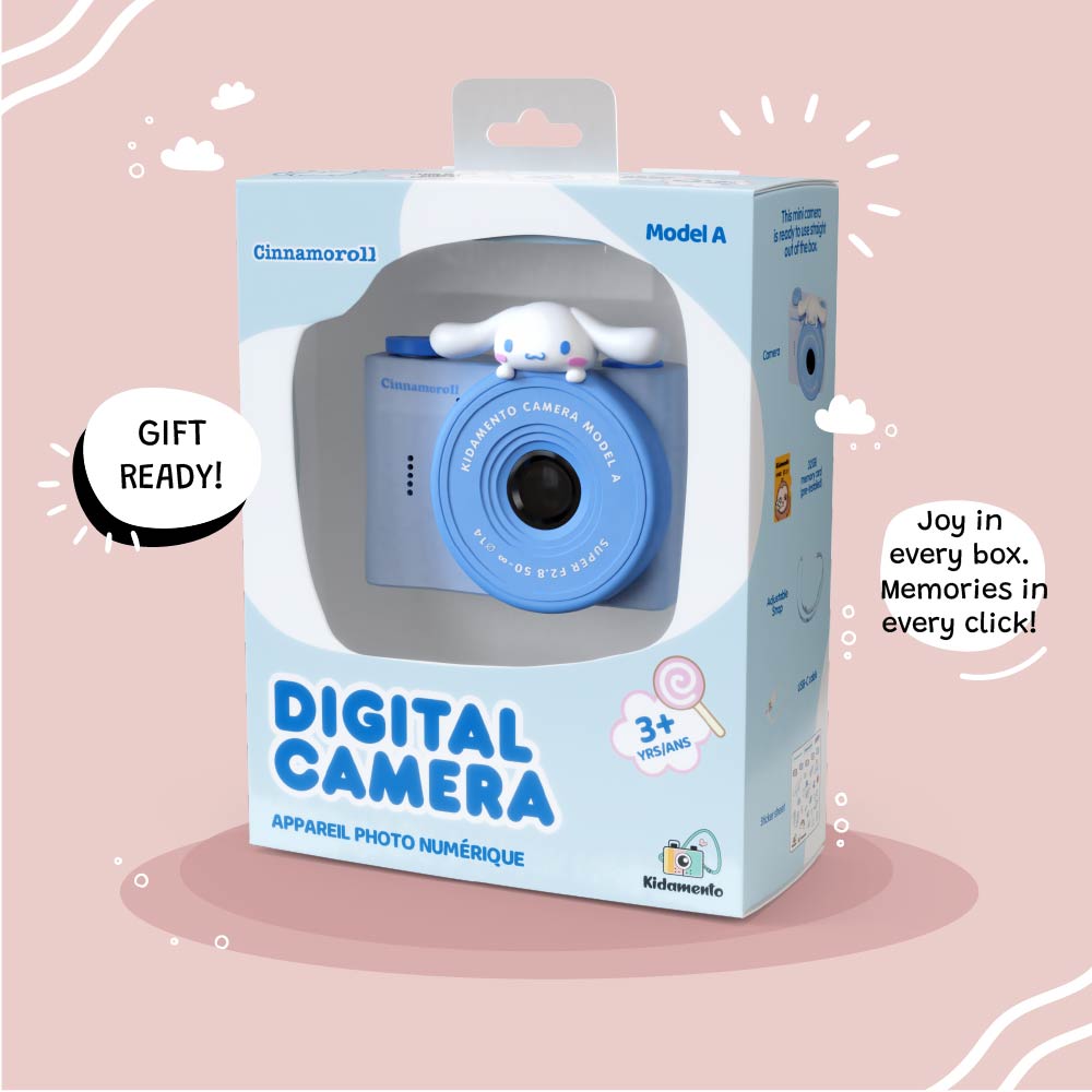 Kidamento Model A Cinnamoroll kids&#39; digital camera shown in its retail gift box packaging, labeled as gift-ready for ages 3+.