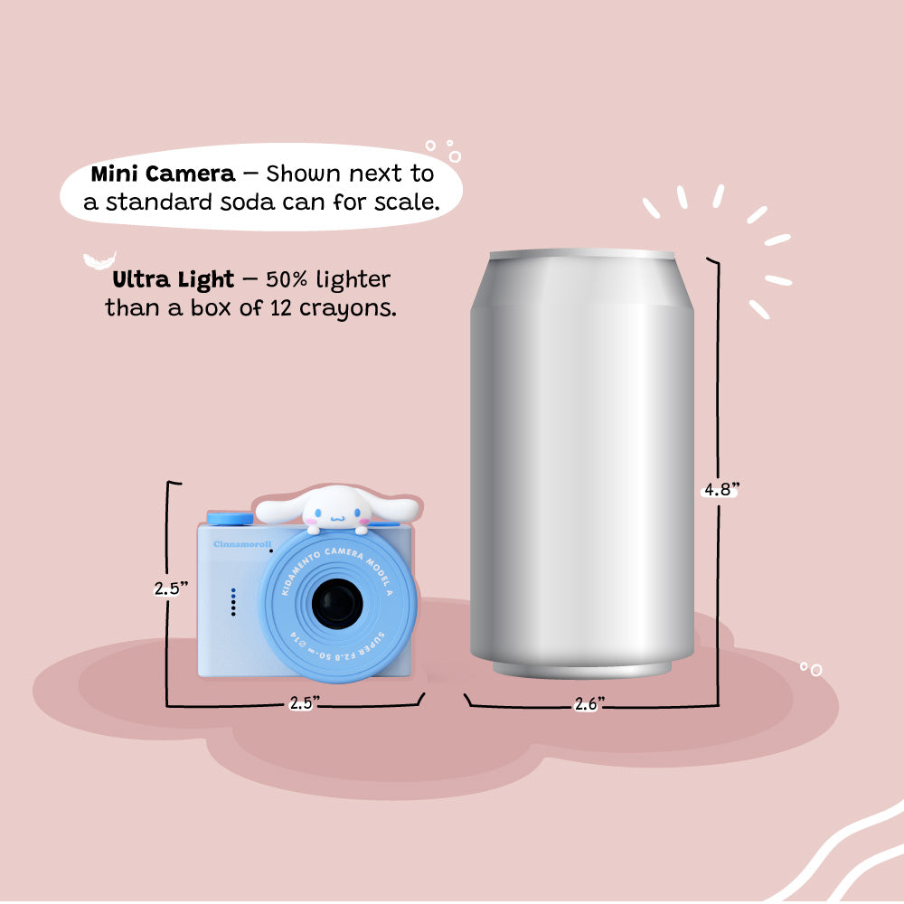 A light blue Cinnamoroll mini camera shown next to a soda can for size comparison.