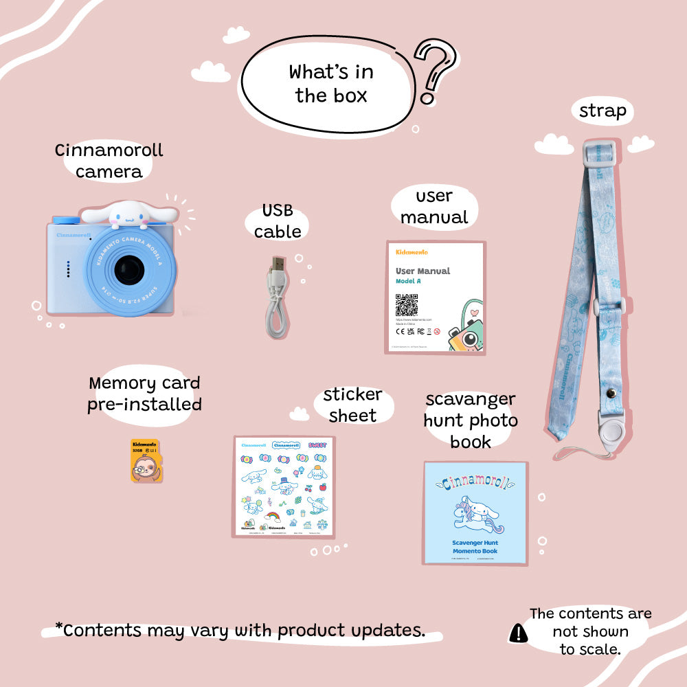 kiimento Sanrio Cinnamoroll Mini Camera Model A accessories – USB cable, sticker sheet, memory card and user manual