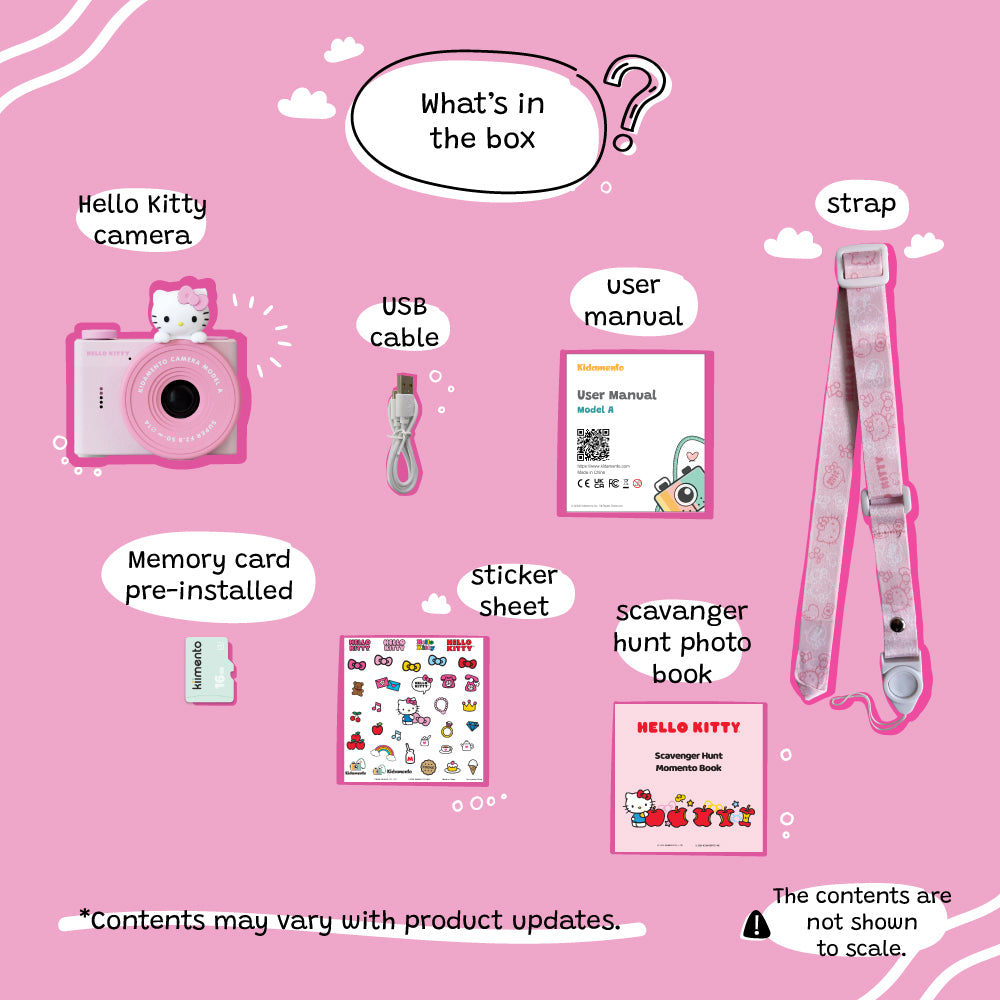kiimento Sanrio Hello Kitty Mini Camera Model A with accessories – USB cable, sticker sheet, memory card and user manual