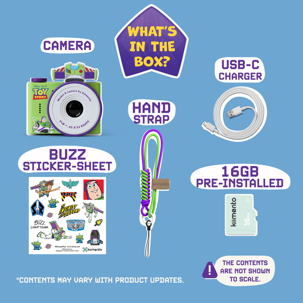 Buzz Lightyear digital mini camera with accessories including a sticker sheet, hand strap, USB-C charger, and 16GB memory card.