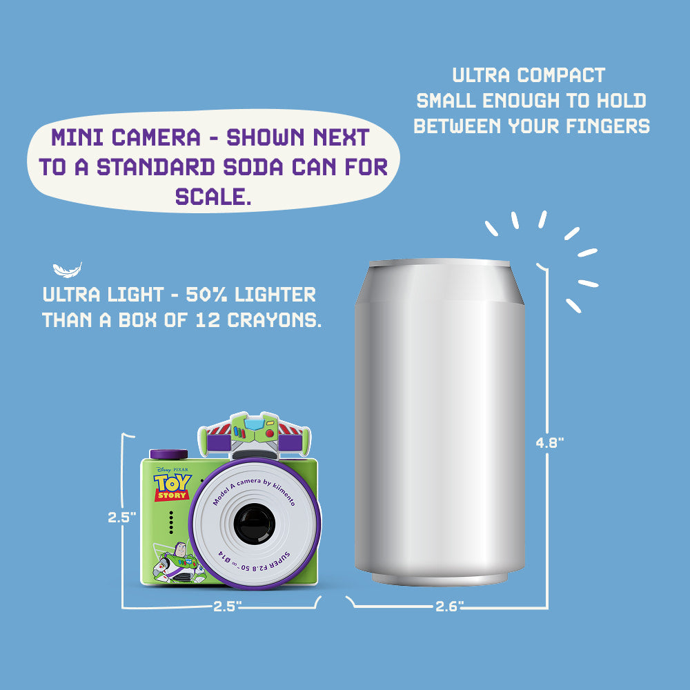 Digital Buzz Lightyear mini camera mini camera with iconic wings shown next to a soda can for size comparison.