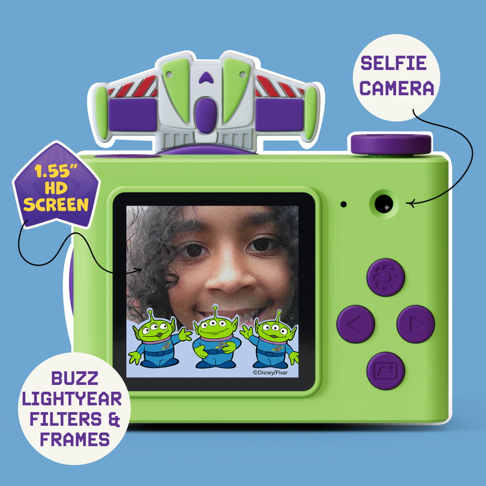 Rear view of the Digital Buzz Lightyear mini camera showing the digital LCD screen, a purple circular directional pad, green buttons for navigation, themed filters and the selfie of a happy kid. 