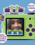 Rear view of the Digital Buzz Lightyear mini camera showing the digital LCD screen, a purple circular directional pad, green buttons for navigation, themed filters and the selfie of a happy kid. 