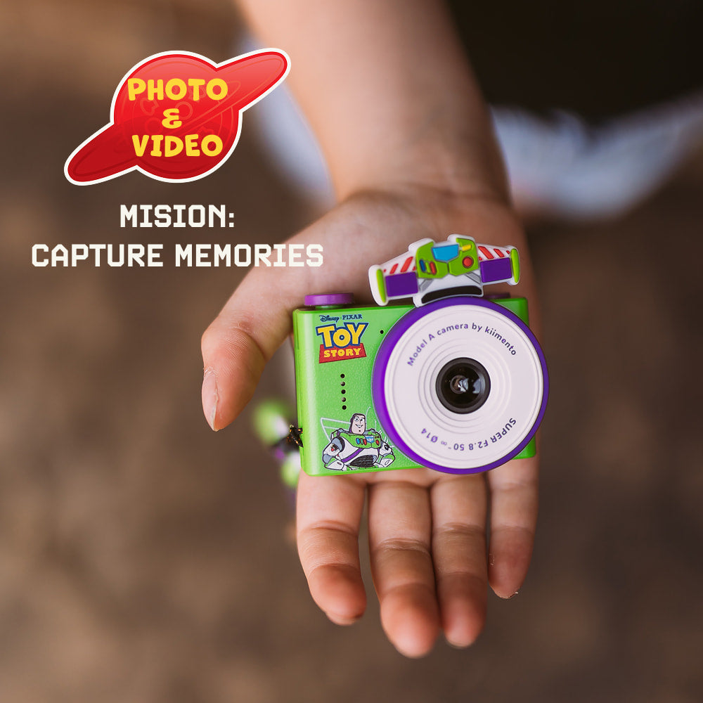 Buzz Lightyear mini digital Camera - Close-up of Child Holding Camera, Compact Design Perfect for Little Hands.