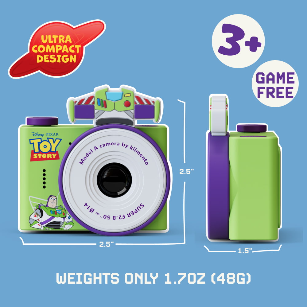 Buzz Lightyear mini camera with iconic wings and character image. It's good for age 3+, and it's a game free camera.