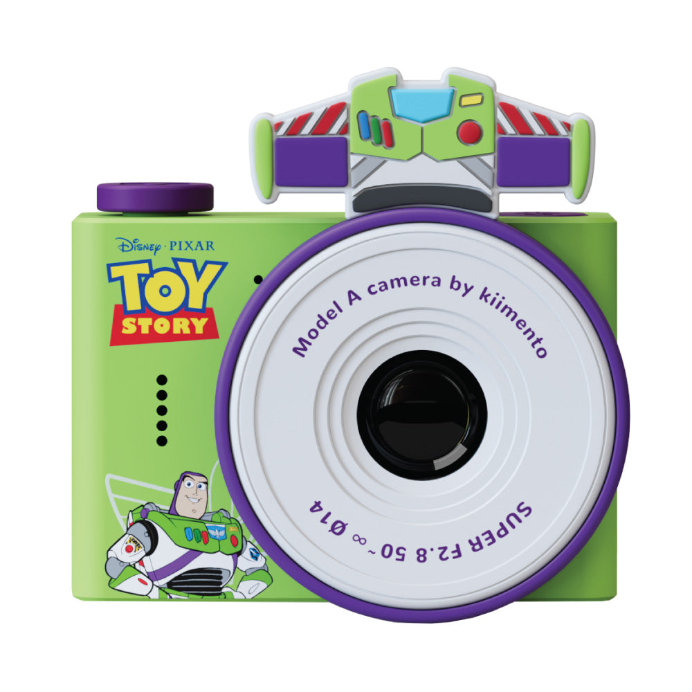 Front view of the Digital Disney Buzz Lightyear Model A mini camera featuring a lime green body, purple accents, and a white lens barrel with Toy Story branding.