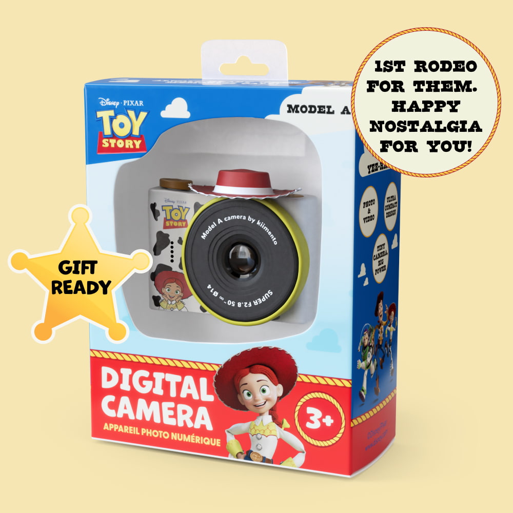 Retail packaging for the Disney Jessie Mini Camera featuring Toy Story 4 graphics and a clear window displaying the cowprint-themed camera.