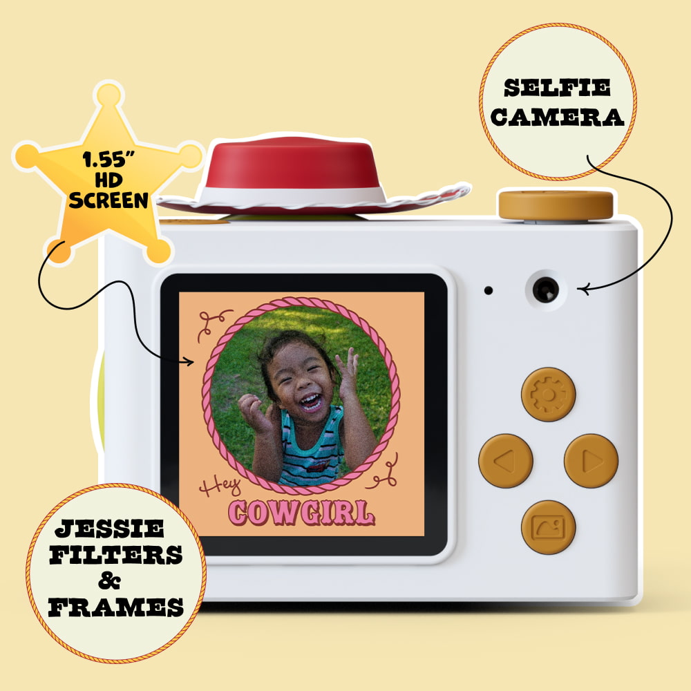 Rear view of the Jessie mini camera showing the digital LCD screen, a yellow circular directional pad, and red buttons for navigation.