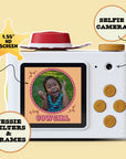Rear view of the Jessie mini camera showing the digital LCD screen, a yellow circular directional pad, and red buttons for navigation.