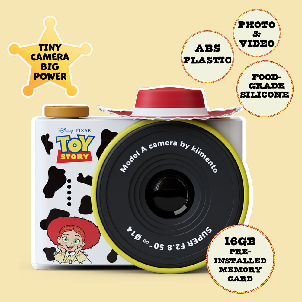 Digital Jessie mini camera with iconic hat and cow-girl print. Made of ABS Plastic, food-grade silicone and includes 16GB memory card.