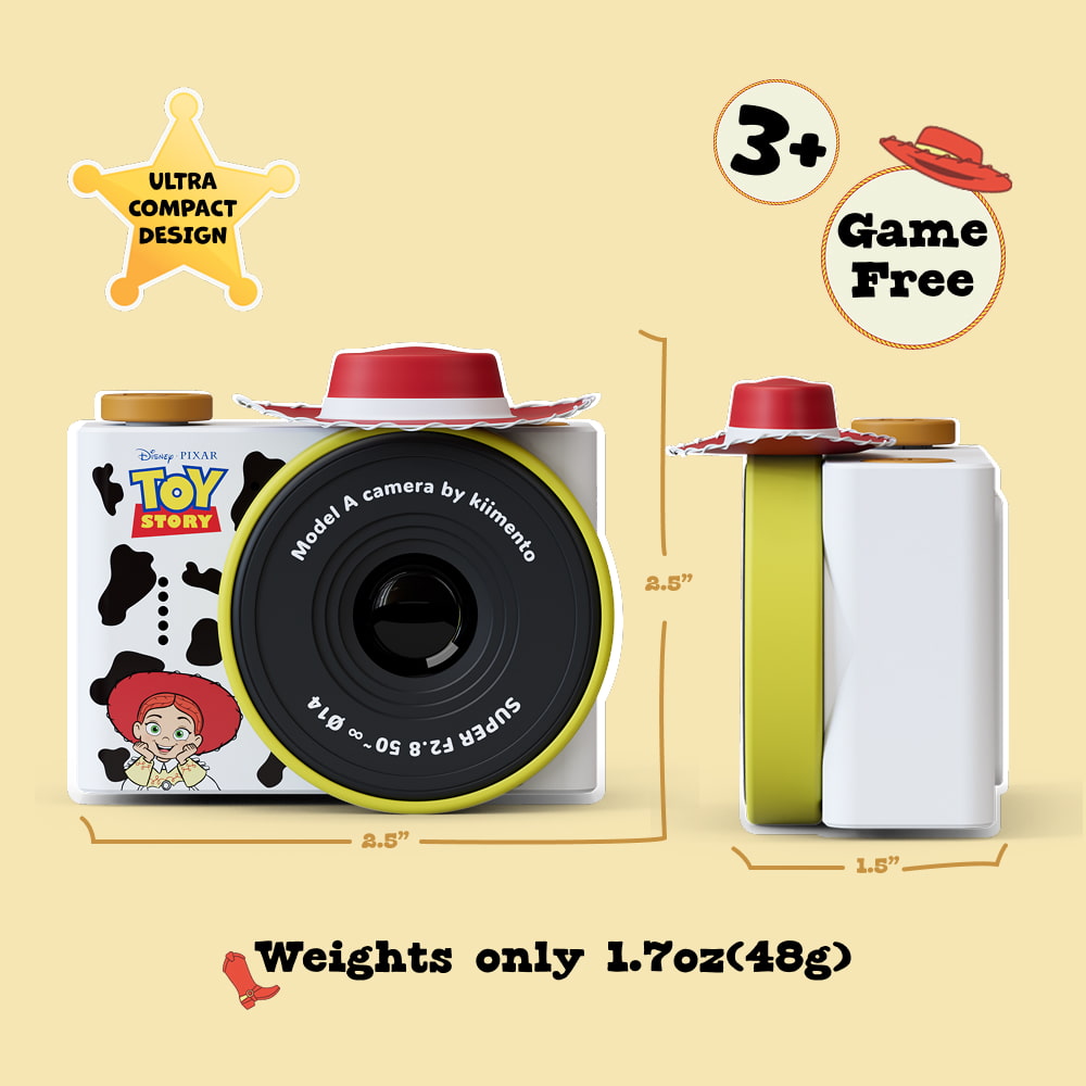 Jessie mini camera with iconic hat and cow-girl print.It's good for age 3+, and it's a game free camera.