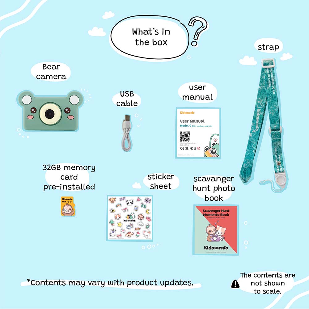 A green bear-shaped digital camera and its accessories are displayed on a light blue background.