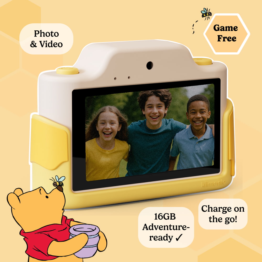 Back view of the Winnie the Pooh digital camera showing photo and video capability, 16GB pre-installed storage, USB-C charging, and game-free design for ages 5+