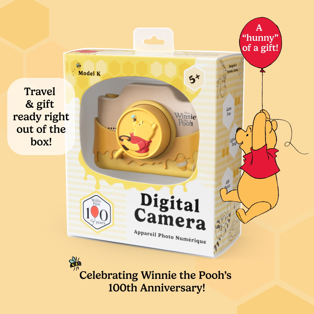 Winnie the Pooh digital camera Model K in retail packaging, celebrating Winnie the Pooh's 100th anniversary, travel and gift ready out of the box for ages 5+.