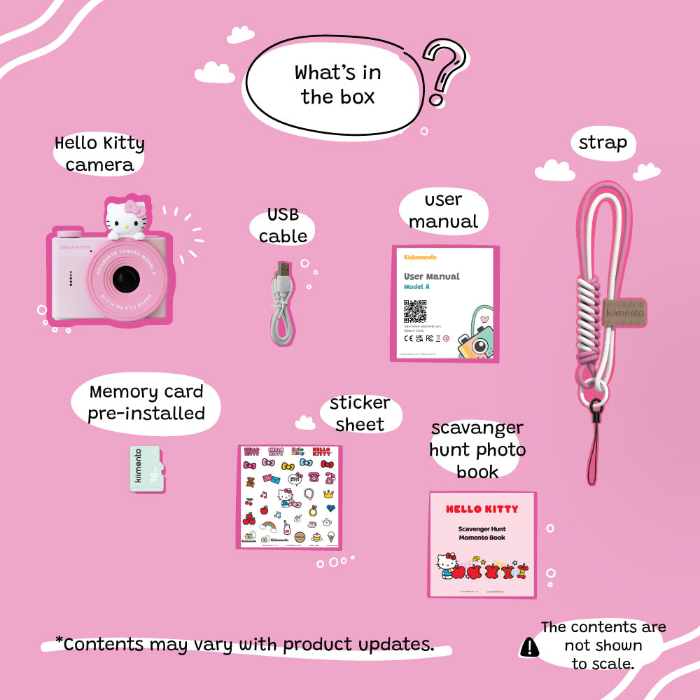 kiimento Sanrio Hello Kitty Mini Camera Model A with accessories – USB cable, sticker sheet, memory card and user manual