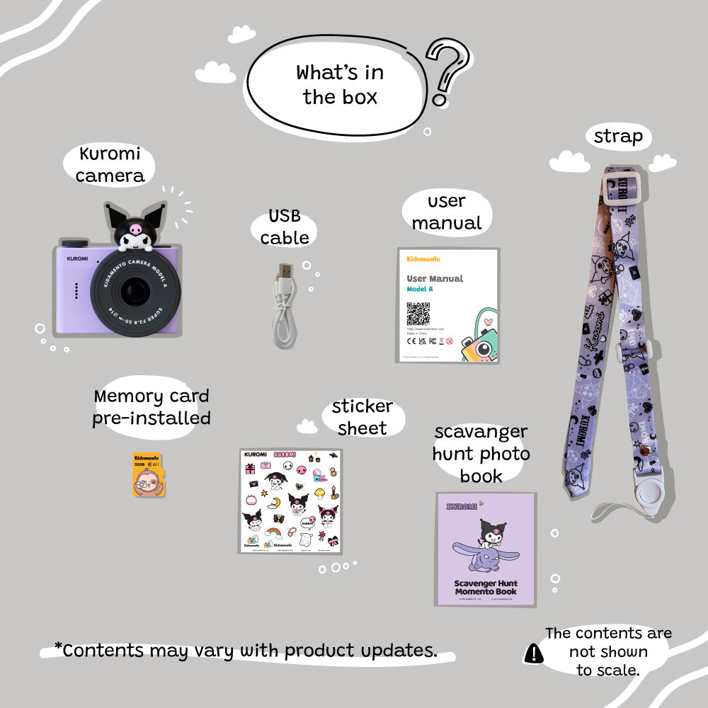 kiimento Sanrio Kuromi Mini Camera Model A accessories – USB cable, sticker sheet, memory card and user manual