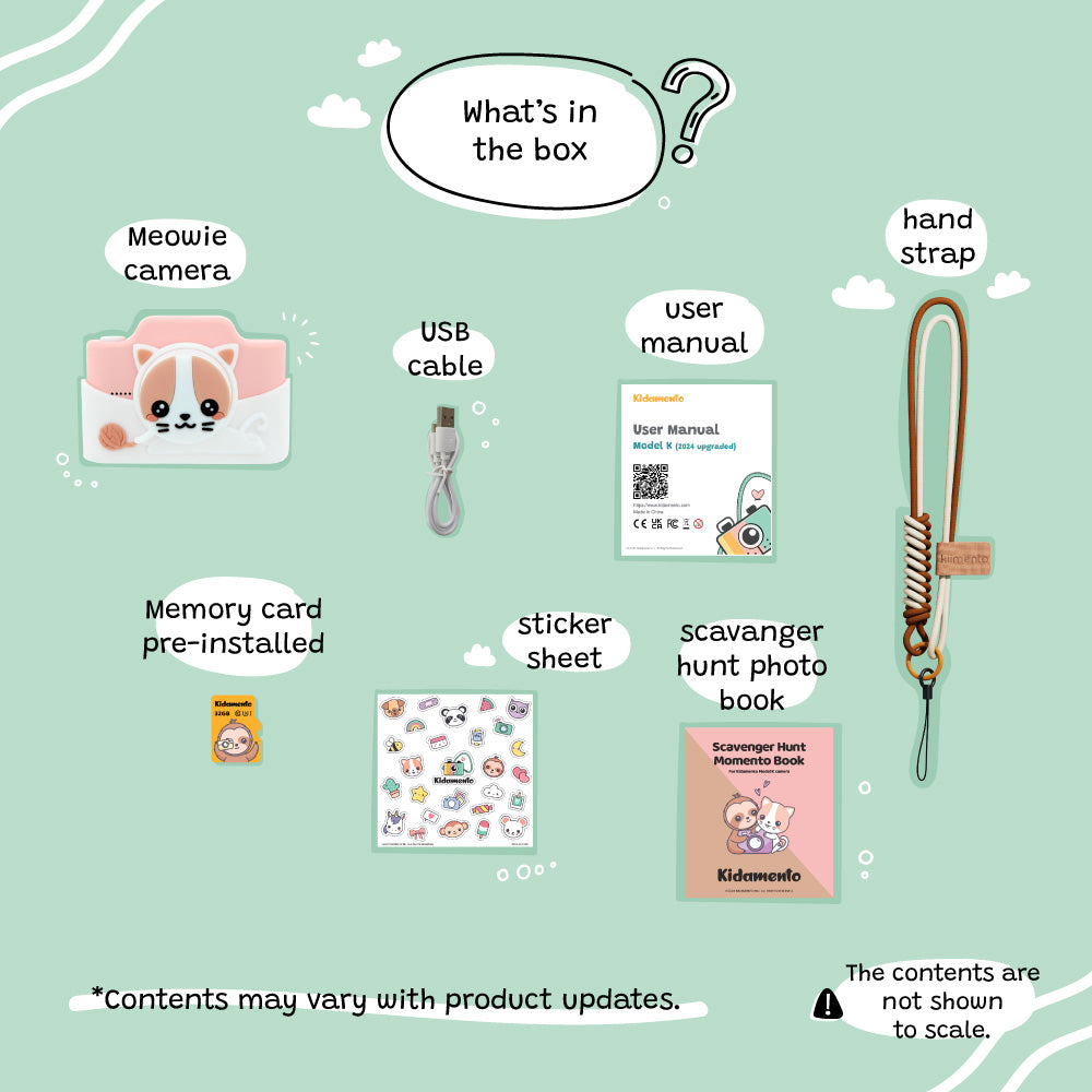 A cat digital camera with accessories including a USB cable, memory card, and user manual.