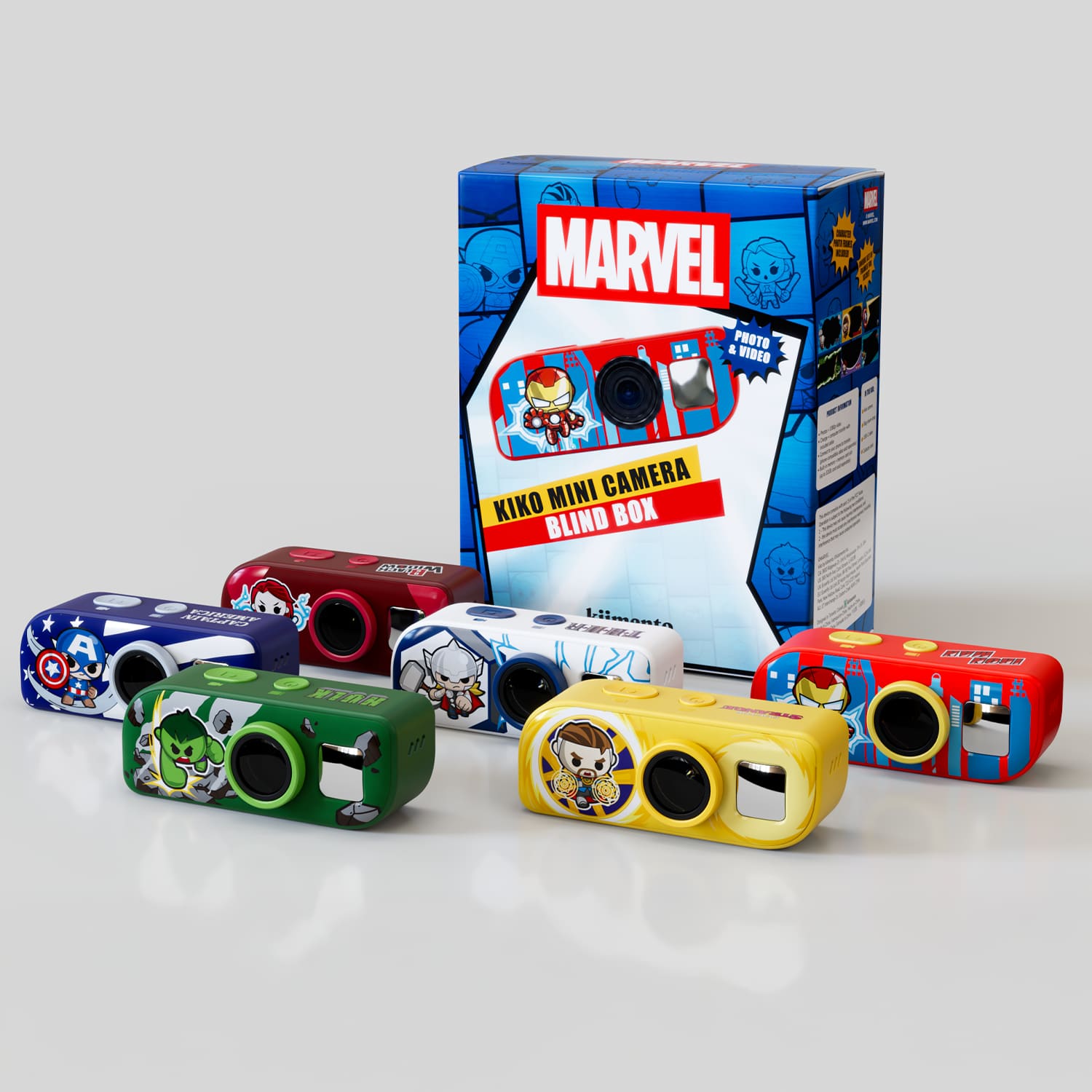 All six kiko Mini Camera Marvel blind box designs (Captain America, Black Widow, Thor, Hulk, Doctor Strange, Iron Man) grouped together in front of the retail packaging, showing each camera's color and character artwork.