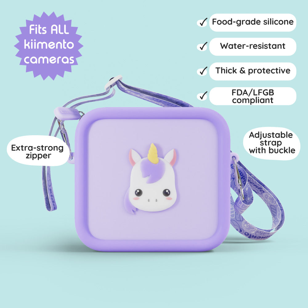 Purple silicone bag with a unicorn design and adjustable strap.