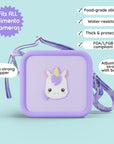 Purple silicone bag with a unicorn design and adjustable strap.