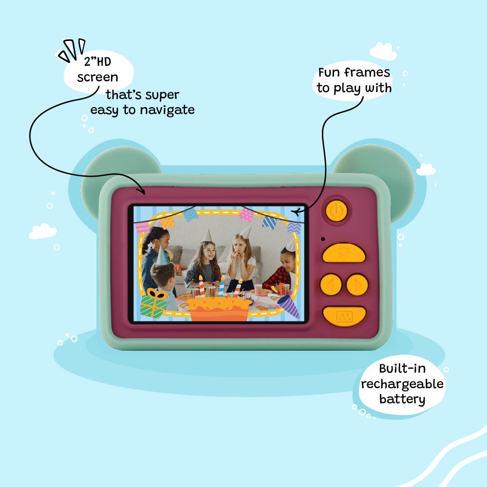 Back view of Kidamento Model C Bear kids digital camera showing screen interface, fun frames, and control buttons.