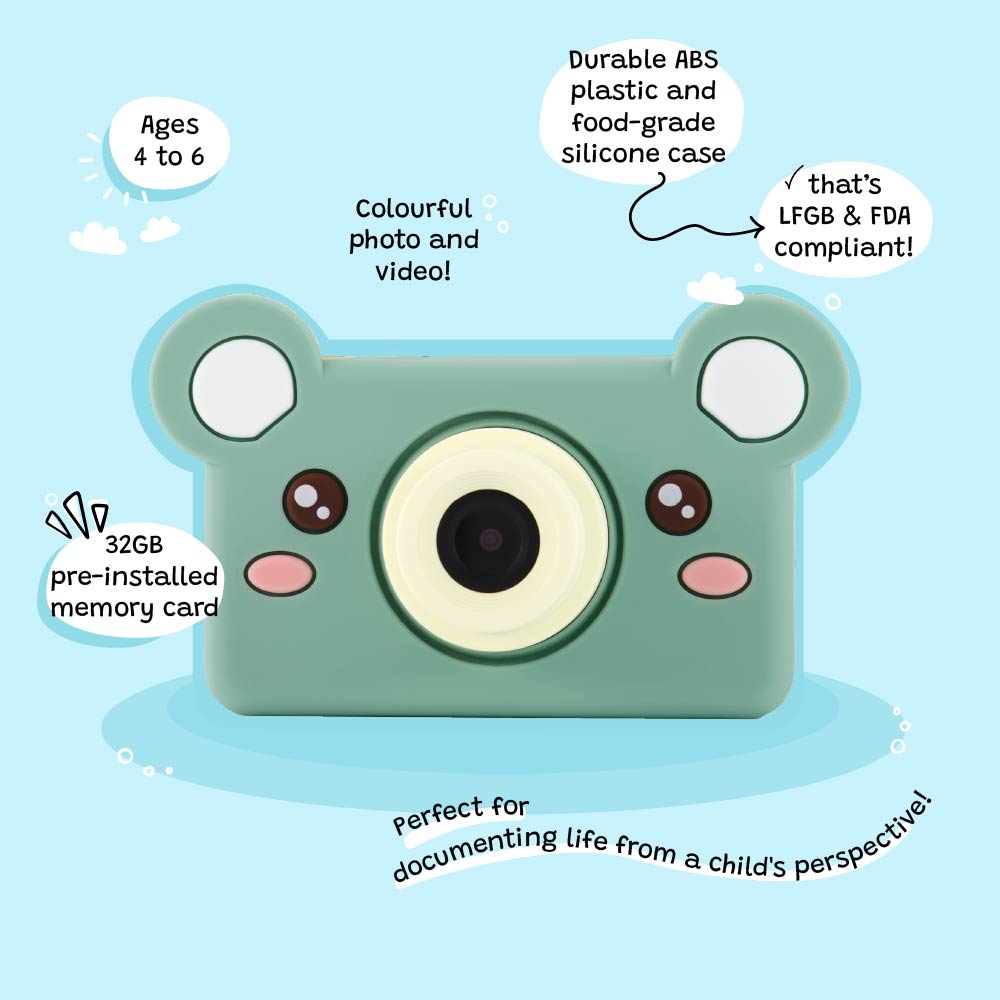 A green bear-shaped digital camera with a 32GB memory card, suitable for ages 4 to 6.