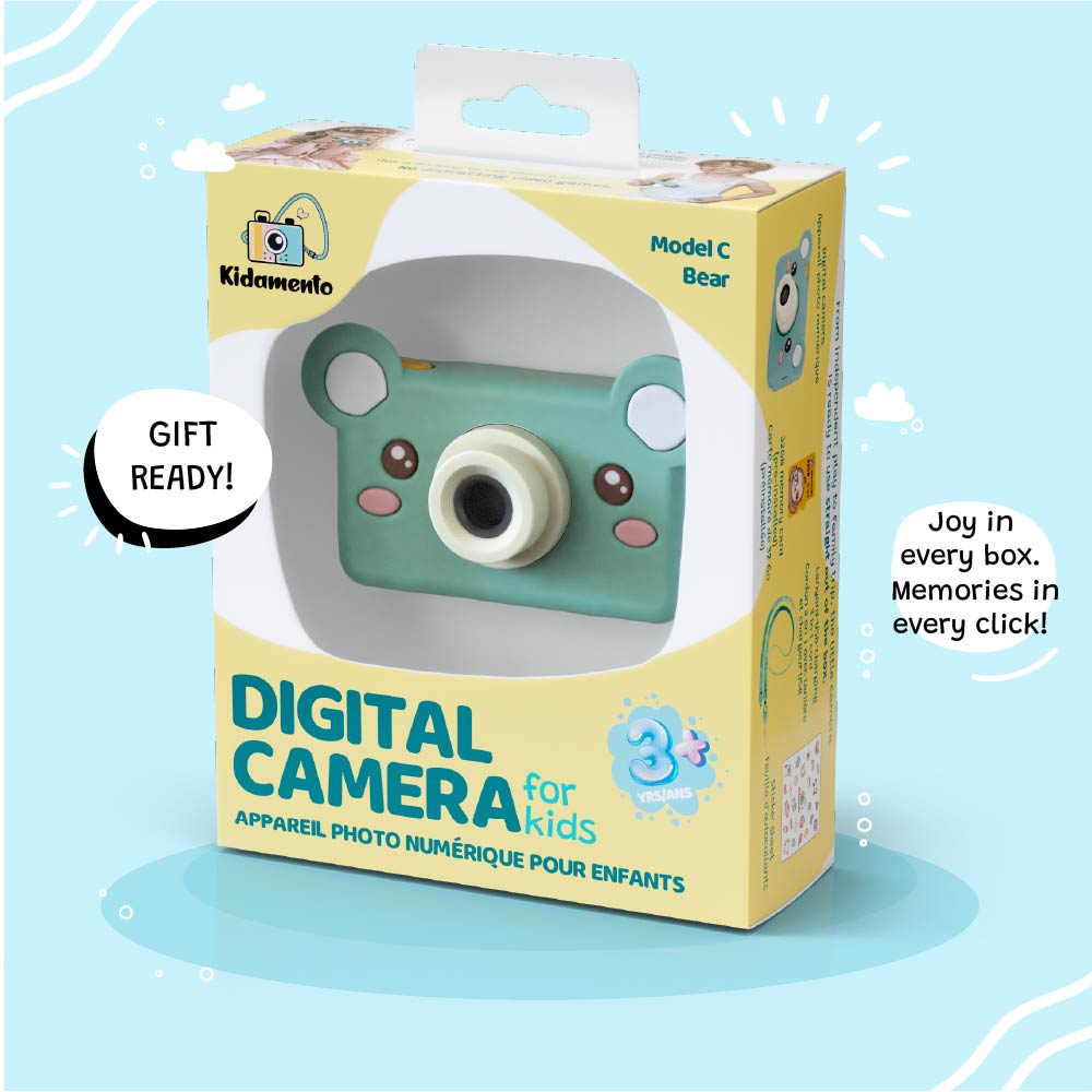 A Kidamento Model C Bear digital camera for kids in a gift-ready box.