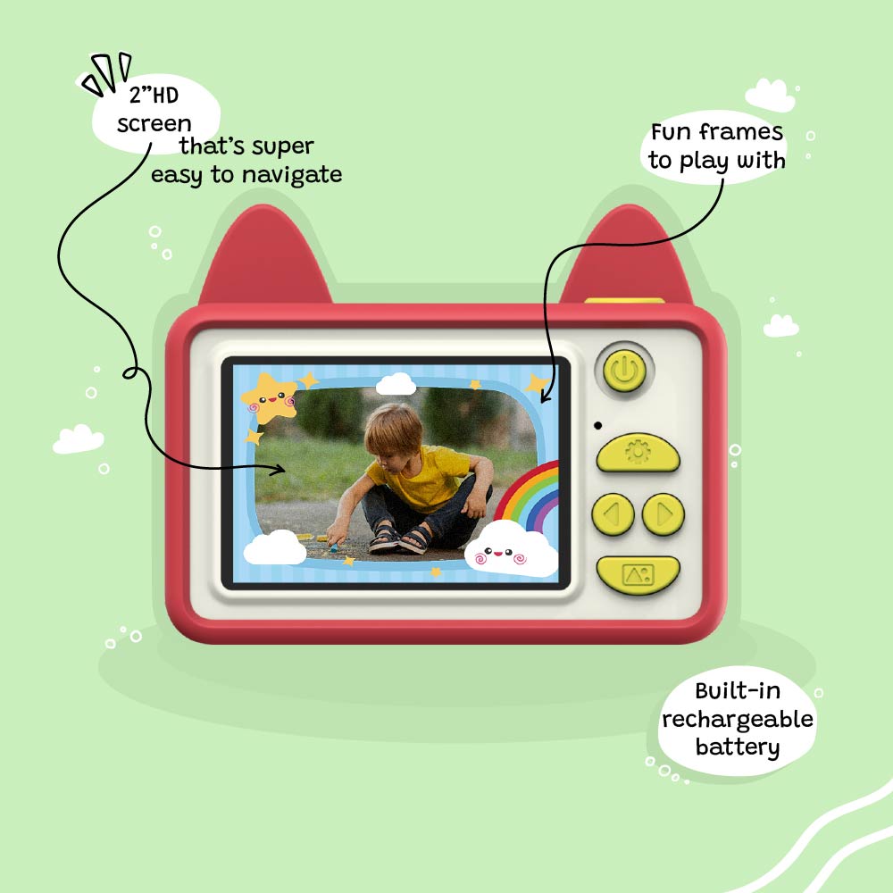 Back view of Kidamento Model C Fox kids camera showing screen, buttons, and fun photo frame features