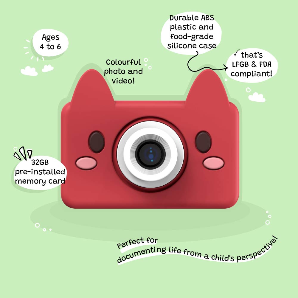 Front of Kidamento Model C Fox kids camera with labeled features including memory, age range, and safety materials