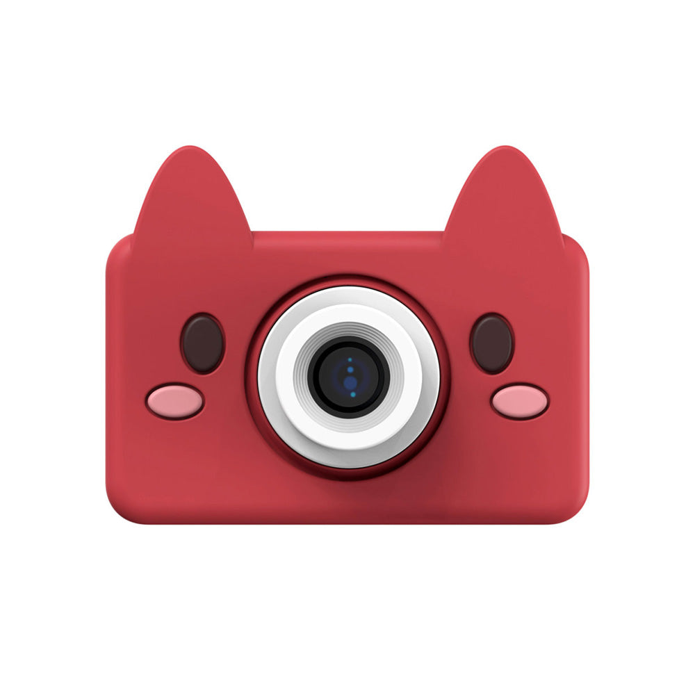 Front view of the Kidamento Model C kids digital camera in Fox design