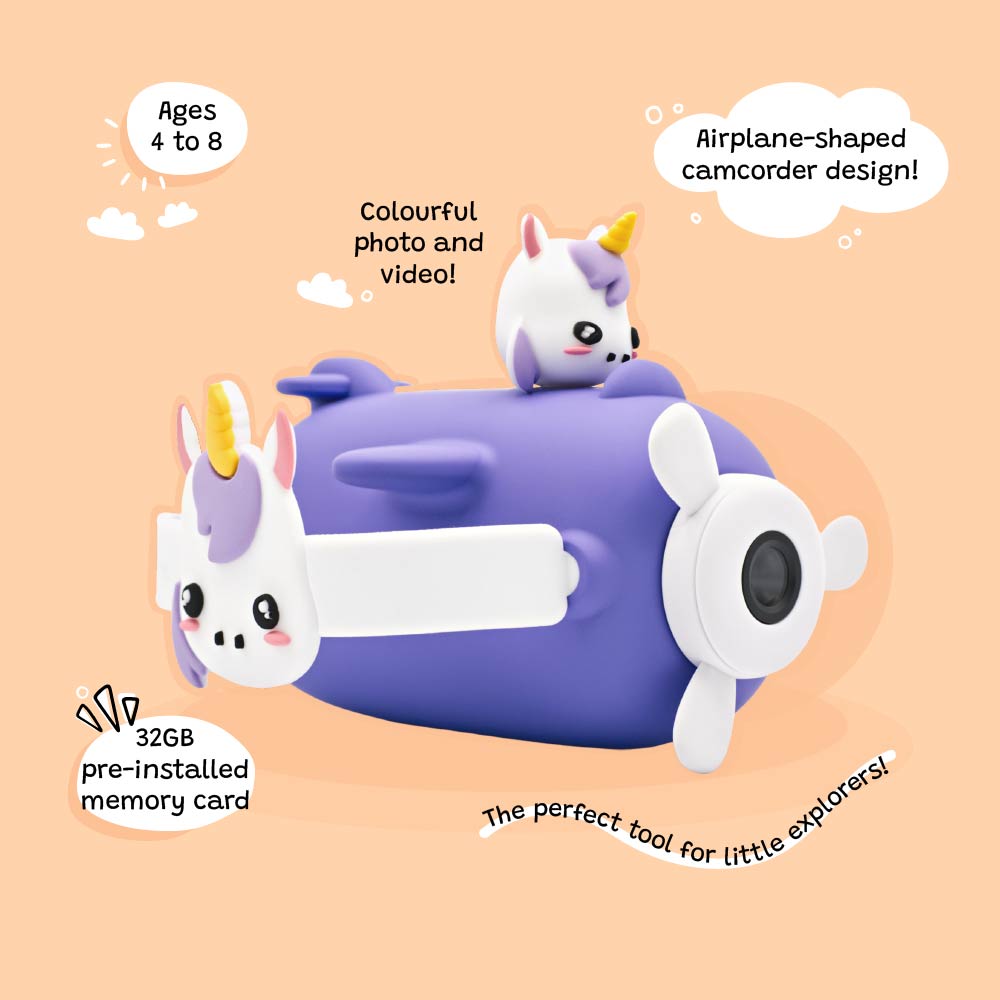 Angled view of Kidamento Model V kids digital camera in a purple airplane-shaped unicorn design with 32GB memory, HD photo and video features. Best for children ages 4 to 8.