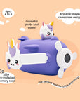 Angled view of Kidamento Model V kids digital camera in a purple airplane-shaped unicorn design with 32GB memory, HD photo and video features. Best for children ages 4 to 8.