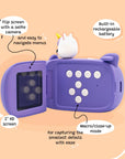 Back view of Kidamento Model V unicorn kids digital camera showing flip-out screen, control buttons, and selfie camera. Features include 2-inch HD display, macro mode, and built-in rechargeable battery.