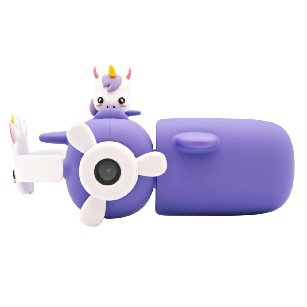Front view of Kidamento Model V unicorn kids digital camera shaped like a purple airplane with unicorn design, ideal for ages 3 to 9, featuring 32GB memory and photo/video capability.