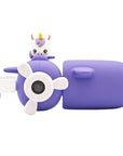 Front view of Kidamento Model V unicorn kids digital camera shaped like a purple airplane with unicorn design, ideal for ages 3 to 9, featuring 32GB memory and photo/video capability.