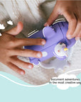 Child’s hands holding the Kidamento Model V unicorn kids digital camera. Highlights the purple airplane design with unicorn details—encouraging creative play and storytelling for ages 3 to 9.