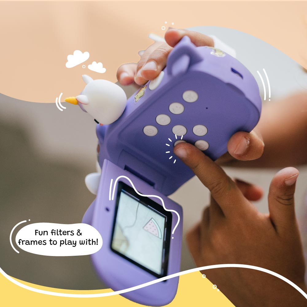 Close-up of a child using the Kidamento Model V unicorn kids digital camera. Shows flip screen, menu buttons, and fun digital filters on screen—ideal creative camera for ages 3 to 9.