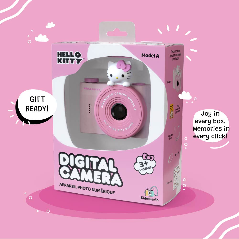 Hello Kitty Model A Kids Digital Camera - Gift-Ready Packaging with Pink Box and Hello Kitty Design.
