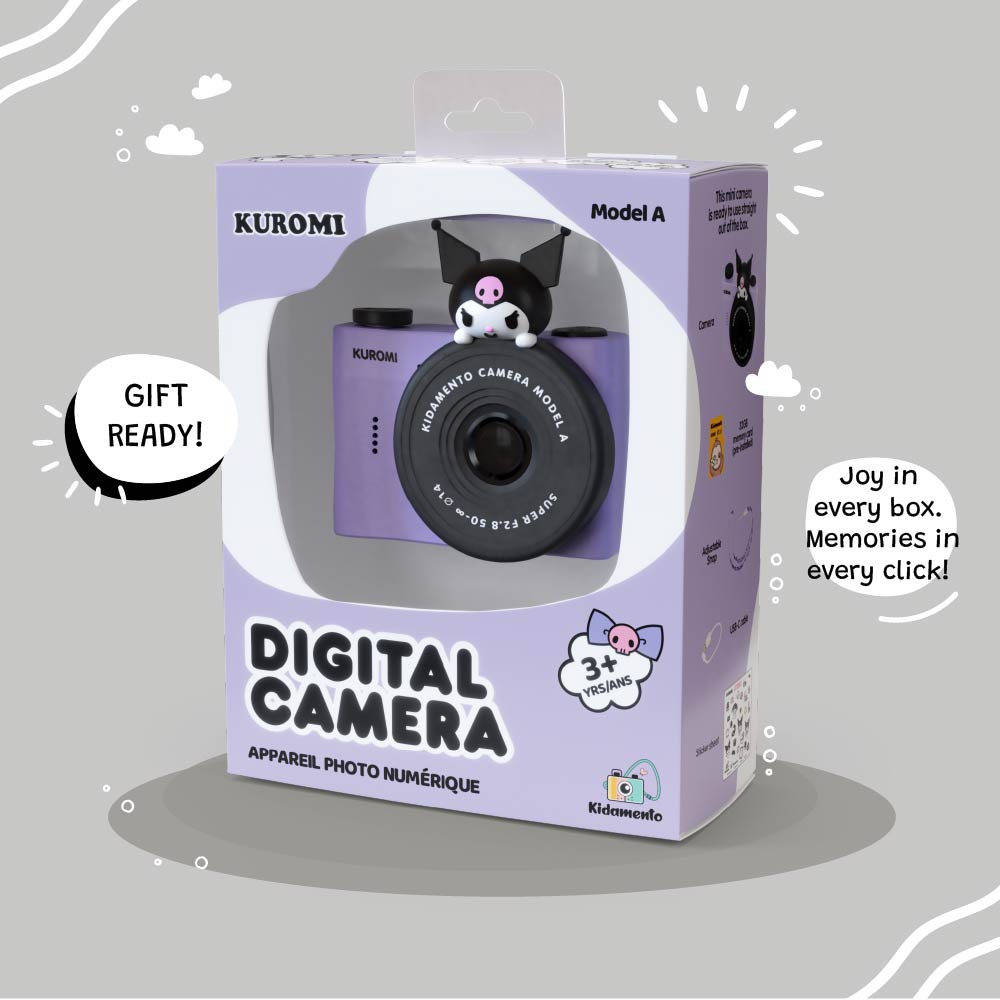 Gift-ready Kuromi kids digital camera Model A in retail box by Kidamento.