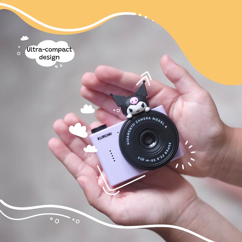 Kuromi kids digital camera Model A by Kidamento shown in a child’s hands – ultra-compact design.