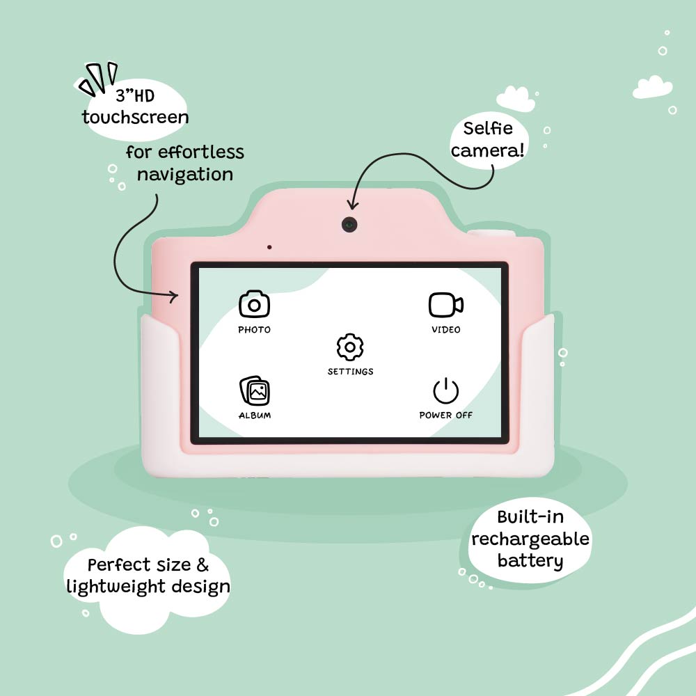 Back view of the Kidamento Meowie the Cat digital camera showcasing the 3-inch HD touchscreen, selfie camera, photo and video modes, settings, album, and built-in rechargeable battery.