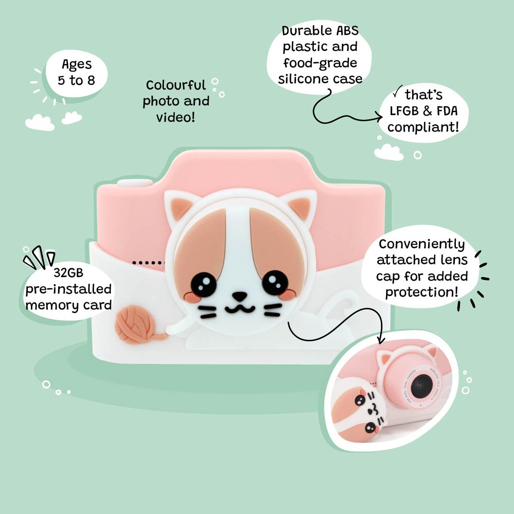 Front view of the Kidamento Meowie the Cat digital camera with attached lens cap, pink silicone shell, durable ABS plastic, 32GB memory card, and colorful photo and video features for kids ages 5 to 8.