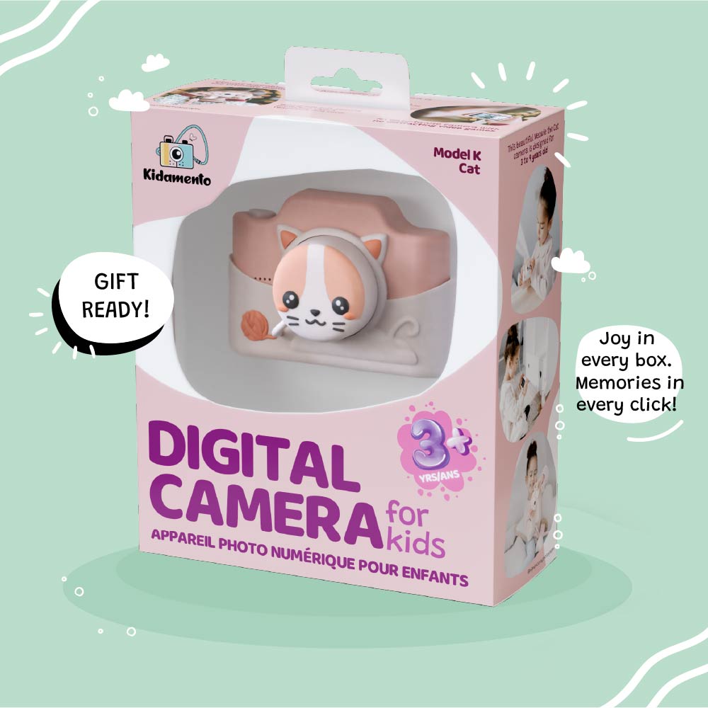 Kidamento Meowie the Cat Model K digital camera in gift-ready packaging, designed for kids ages 3 and up.
